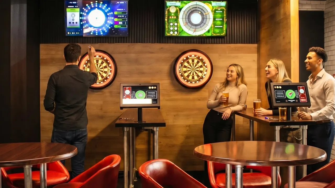 Guests playing darts on Top Flight's electronic boards with Real Food Hall glassware in the foreground